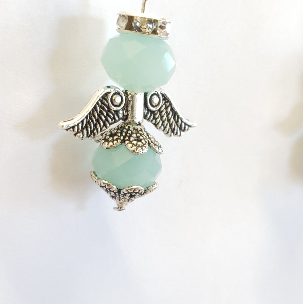 Handmade Frosted Blue Crystal Angel & Silver Chain Dangle Earrings - Picture 9 of 10